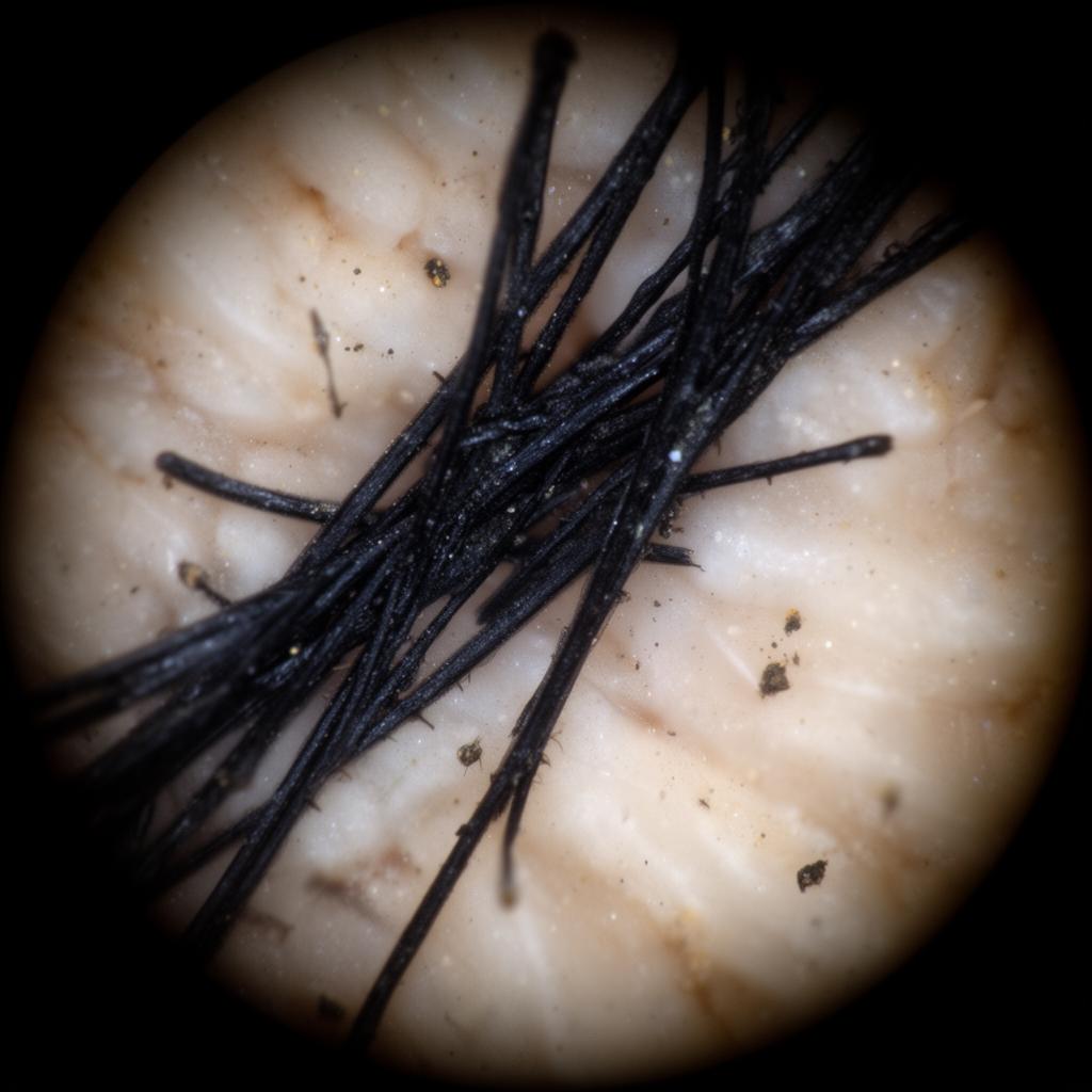 Dark embedded fibers within keratinous tissue substrate.