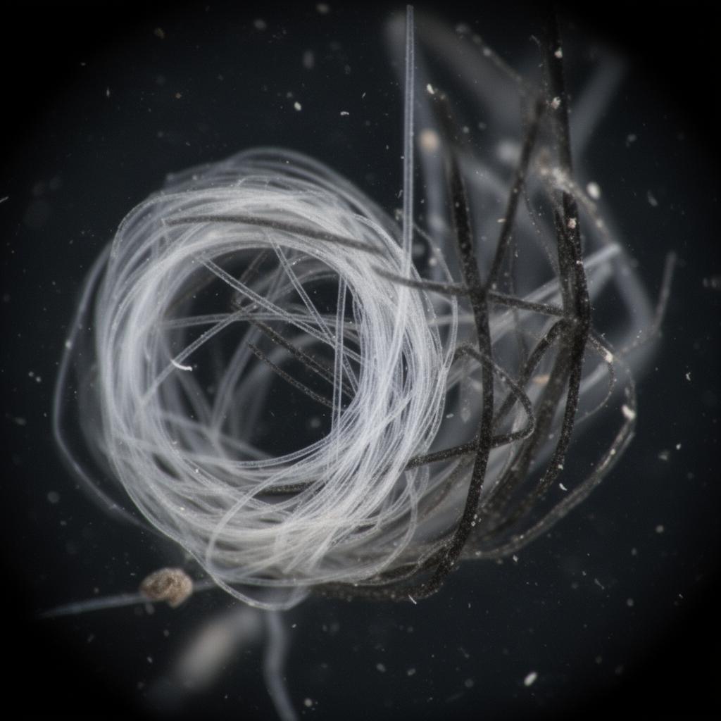 Coiled translucent fibers and dark embedded strands — composite sample under magnification.