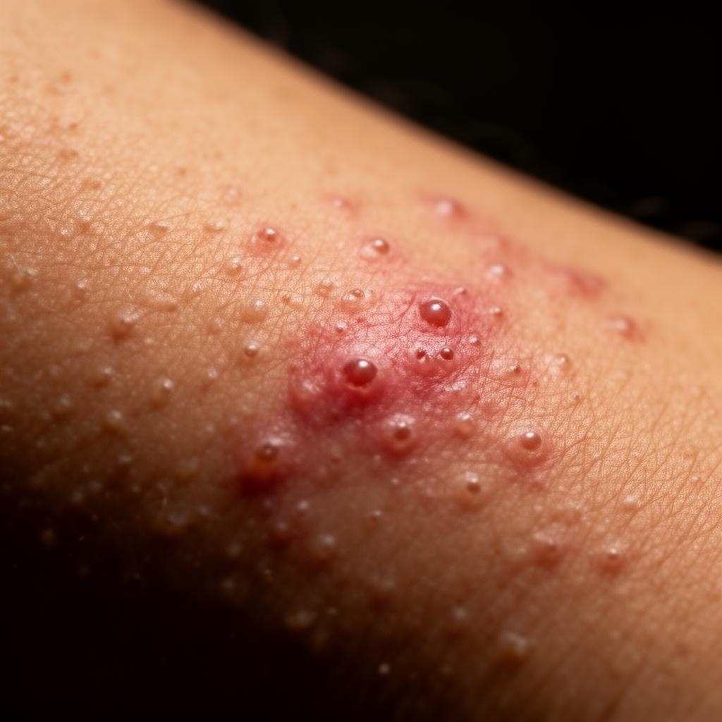 Cluster of raised vesicular lesions on forearm, photographed in natural light.